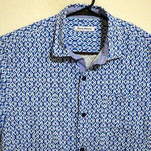 Tommy Bahama Shirt Mens Large Short Sleeve Button Silk Blue White Diamonds